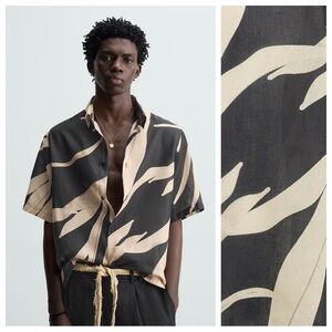 NWT. Zara Man Black/Beige Leaf Print Relaxed Fit Shirt. Size S.